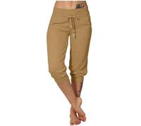 FlutVolt Pantaloni capri estivi da donna, elasticizzati, casual, leggin, in cotone, lunghi a 3/4, comodi e traspiranti, per il tempo libero, eleganti e sportivi, 01#kaki, XXL