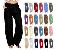 FlutVolt Pantaloni estivi da donna, in lino, gamba larga, casual, in cotone e lino, eleganti, in tinta unita, con coulisse, tasche, con lacci, leggeri, estivi, 22 nero., M