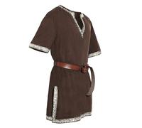FlutVolt Tunica medievale da uomo Ailrik con bordo, a maniche corte, camicia vichinga, costume da guerra, costume medievale da uomo, caffè, L