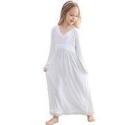 Flwydran Camicetta da Notte da Bambina, a Maniche Lunghe, Morbida, per la Famiglia, Pigiama Lungo, Bianco 2, 6-7 Anni