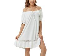 Flwydran Camicia da notte da donna, in cotone, lunghezza al ginocchio, senza spalline, abito da notte, bianco, M