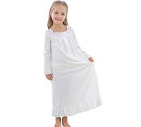 Flwydran Ragazze Camicia da Notte Cotton Vintage Stile Vittoriano - età 3-12 - Bianche Tinta Unita