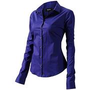 FLY HAWK Camicia Basic da Donna in Cotone Manica Lunga - Camicetta Casual Blusa Chiusura Bottoni Slim Formale Elegante - Camicia Colletto Dritto, Ideale per Ufficio/Lavoro/Colloquio (EU52, Blu1)