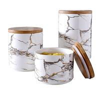 FLYFO 3 Pz Vaso in Ceramica Impostato, Cucina Conservazione Contenitori con Ermetico Coperchio di bambù, Stampa in Marmo Barattolo di spezie per tè Chicco di Caffe Zucchero Sale Bianca