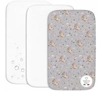 FlyIdeas Set 2 Lenzuola Culla 90x50 cm con Coprimaterasso Impermeabile - Lenzuola 100% Cotone Morbide e Traspiranti - Set Biancheria per Culla Neonato Compatibile con Kinderkraft Neste Up