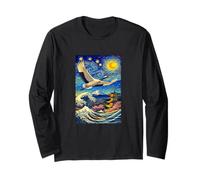 Flying Japanese Red Crowned Crane in The Starry Night Paint Maglia a Manica