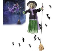 Flying Witch Halloween Decor on Broom,6 FT Animated Hovering with Light-Up Eyes & Scary Sound,Voice Motion-Activated Floating Witch Outdoor Decor for Yard Props House Decors (Green)