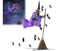 Flying Witch Halloween Decor on Broom,6 FT Animated Hovering with Light-Up Eyes & Scary Sound,Voice Motion-Activated Floating Witch Outdoor Decor for Yard Props House Decors (Purple)