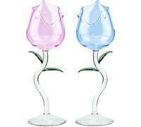 Flylin Set di 2 bicchieri da vino a forma di rosa, per bicchieri da vino rosso, da cocktail, per regali, feste, cene, matrimoni, stoviglie (rosa e blu, 260 ml)