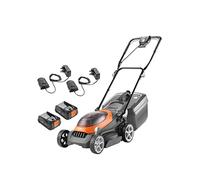 Flymo UltraStore 340R - Kit tosaerba senza fili da 36 V, 2 batterie da 18 V per tutte le batterie e caricabatterie inclusi, larghezza di taglio 34 cm, finitura a strisce, taglio ravvicinato, scatola