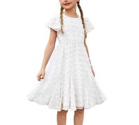 Flypigs Abito da Principessa Elegante per Bambina Abiti Estivi Abiti da Altalena a Maniche Corte con Volant a Trapezio per Bambini 7-8 Anni Bianco