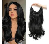 Flyroseing Extension per capelli neri scuri, Extension per capelli Halo ondulati, 45,7 cm Extension per capelli in fibra sintetica con clip, 2 clip di sicurezza, pezzo di capelli segreto con filo