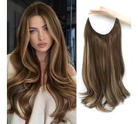 Flyroseing Extension per capelli ondulati castani, 45,7 cm, colore marrone naturale con riflessi in fibra sintetica con filo trasparente, misura regolabile, capelli segreti