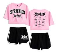 Flyself KPOP Crop Top & Pantaloncini Set Donne 樂-Star Manica Corte T-Shirt Maglietta Shorts 2 Pezzi Sportivo Rock Star BangChan Changbin Hyunjin Han Felix Seungmin