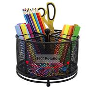 Flytreal Organizer da scrivania rotante in rete, portapenne nero in metallo, per cancelleria da scrivania, 4 scomparti, organizer di grande capacità, per casa, ufficio, scuola, articoli artistici