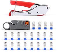 Flytuo Kit crimpatrice per cavi coassiali, strumento di crimpatura a compressione tipo F con 20 connettori a crimpare e taglierina per cavi coassiali rotanti per RG-58, RG-59, RG-62