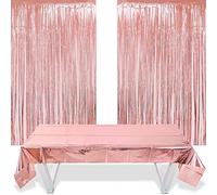 FLZONE 2 Pezzi Tovaglia in Oro Rosa Metallica Tinsel e 1 Pezzo Tovaglia in Oro Rosa 1 m * 2,7 m per la Decorazione di Nozze Compleanno Baby Shower Festa