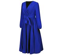 FM2018XSL Abito a Maniche Lunghe Slim Fit da Donna Plissettato con Scollo a V A-Line Gonna