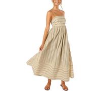 FM2018XSL Abito Lungo A Vita Elastica a Righe Donna con Pieghe Posteriori, Sexy, Senza Maniche, Abito Camisole, A-Line Bohemian Beach Dress