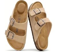 FM2018XSL Sandali piatti cuoio reale, lettino in sughero, sandali da donna con schiuma di memoria e supporto per la cornice, Vacation Essentials Slides per donna