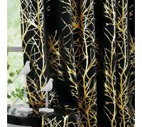 FMFUNCTEX Tende 100% oscuranti per camera da letto, soggiorno, oscuranti e isolanti termicamente, 2 pannelli con occhielli, lunghe 213 cm, motivo a rami in lamina d'oro su tenda nera