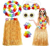 FMKLDENA Costume Festa Hawaiana, 7 Pezzi Gonna Erba Hawaiian Donne con Collana, Occhiali girasole, Fiore Reggiseno, Bracciale, Ghirlanda, per Danza, Estate e Feste in Spiaggia per Carnevale Halloween