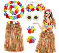 FMKLDENA Costume Festa Hawaiana, 7 Pezzi Gonna Erba Hawaiian Donne con Collana, Occhiali girasole, Fiore Reggiseno, Bracciale, Ghirlanda, per Danza, Estate e Feste in Spiaggia per Carnevale Halloween