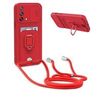 FMPCUON Custodia con Regolabile Collana per Oppo A74 4G/Reno6 Lite/F19 con Slot per Scheda,Slidable Protezione Fotocamera Slot Carte 360° Anello Supporto,Rosso