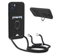 FMPCUON Custodia con Regolabile Collana per Oppo Reno6 5G con Slot per Scheda,Slidable Protezione Fotocamera Slot Carte 360° Anello Supporto,Nero