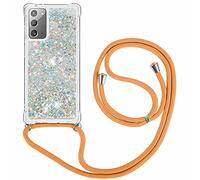 FMPCUON Custodia per Cellulare con Corda per Samsung Galaxy Note 20 - Liquido Sabbie Mobili Case Cover con Collana Practical Stylish/Necklace Cordoncino Cordino Laccio, Argento