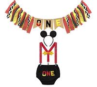 FMYFWY Bambino 1 ° Compleanno Outfits con Banner seggiolone, Costume da Topolino Carnevale Halloween Festa Fotografia, One Pantaloncini Bretelle Papillon Fascia per Topolino, 6-12 Mesi
