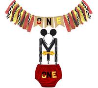 FMYFWY Bambino 1 ° Compleanno Outfits con Banner seggiolone, Costume da Topolino Carnevale Halloween Festa Fotografia, One Pantaloncini Bretelle Papillon Fascia per Topolino, 12-18 Mesi
