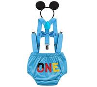 FMYFWY Neonato Bambino 1 ° Compleanno Outfits, Costume da Topolino Carnevale Halloween Festa Fotografia, One Pantaloncini + Bretelle + Papillon + Fascia per Topolino, Blu, 6-12 Mesi