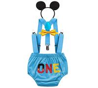 FMYFWY Neonato Bambino 1 ° Compleanno Outfits, Costume da Topolino Carnevale Halloween Festa Fotografia, One Pantaloncini + Bretelle + Papillon + Fascia per Topolino, Blu, 6-12 Mesi