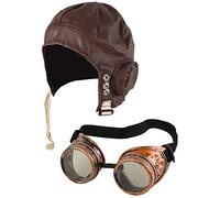 FNA FASHIONS® Biggles Hat Pilot Goggles Frame Aviator Grandpa's Great Escape Fancy Dress Kit