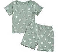 Fnaobai Bambino Vestiti Estivi Bambina Volant A Coste Maglia Maniche Corte Carino Fiocco T Shirt Top e Pantaloncini Outfit