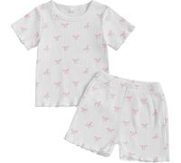 Fnaobai Bambino Vestiti Estivi Bambina Volant A Coste Maglia Maniche Corte Carino Fiocco T Shirt Top e Pantaloncini Outfit