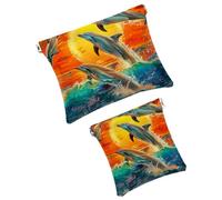 FNETJXF 2 scatole tascabili in finta pelle, piccole trousse per il trucco, con chiusura automatica, per donne, mini astuccio per il trucco per rossetto, balena e nave faro in stile cartone animato