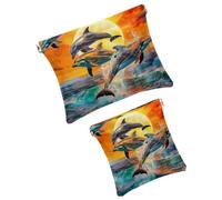 FNETJXF 2 scatole tascabili in finta pelle, piccole trousse per il trucco, con chiusura automatica, per donne, mini astuccio per il trucco per rossetto, balena e nave faro in stile cartone animato