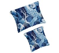 FNETJXF 2 scatole tascabili in finta pelle, piccole trousse per il trucco, mini borsa da viaggio per cosmetici, blu navy, a pois, frutta tropicale, ananas, modello1798, 7.1x5.8in/4.7x4.5in