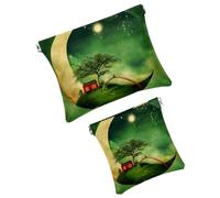 FNETJXF 2 trousse in finta pelle per il trucco, piccola borsa per il trucco, mini tasca tascabile, mini custodia da viaggio per cosmetici, cielo notturno, luna e fiaba, modello1830,