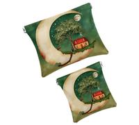 FNETJXF 2 trousse in finta pelle per il trucco, piccola borsa per il trucco, mini tasca tascabile, mini custodia da viaggio per cosmetici, cielo notturno, luna e fiaba, modello1829,