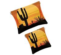 FNETJXF 2 trousse in finta pelle per il trucco, piccole borse per il trucco, mini borse portatili per cosmetici da donna, borsa multifunzionale per riporre schegge, tramonto nel deserto, cactus,