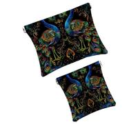 FNETJXF Borsa per cosmetici tascabile, in similpelle, 2 pezzi, piccola borsa per il trucco, mini borsa impermeabile, borsa portaoggetti multifunzione, pino, pavone, Pattern2301, 7.1x5.8in/4.7x4.5in