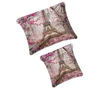 FNETJXF Confezione da 2 trousse da viaggio in ecopelle, piccola tasca portatile da viaggio, mini tasca tascabile, mini custodia da viaggio per cosmetici, Torre Eiffel di Parigi, fiori rosa,