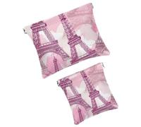 FNETJXF Confezione da 2 trousse da viaggio in ecopelle, piccola tasca portatile da viaggio, mini tasca tascabile, mini custodia da viaggio per cosmetici, Torre Eiffel di Parigi, fiori rosa,