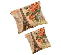 FNETJXF Confezione da 2 trousse in finta pelle per il trucco, portatile da viaggio, piccola tasca per il trucco, portatile senza cerniera, borsa cosmetica portatile da schiacciare, Torre Eiffel rosa