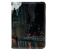 FNETJXF Porta passaporto da uomo, porta passaporto copertine portafogli, organizer per documenti di viaggio, paesaggio notturno città luna, Motivo: 3635, 10x14cm/4x5.5 in