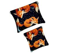 FNETJXF Set di 2 borse per il trucco in ecopelle, piccole borse per borse, mini tasca tascabile, borsa cosmetica portatile da spremere, universo volpe, stelle spaziali, modello450, 7.1x5.8in/4.7x4.5in