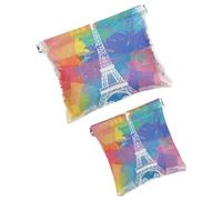 FNETJXF Set di 2 trousse in finta pelle, piccola borsa per il trucco per borsa, portatile, senza cerniera, trousse da viaggio per cosmetici, gioielli, torre Eiffel Parigi arcobaleno, modello184,